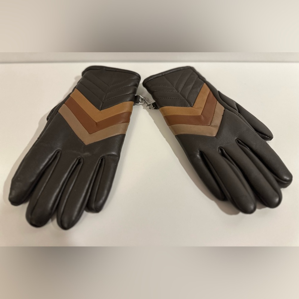 Vintage 70s Men’s Faux Leather Brown Color Block Stripe Gloves Size M